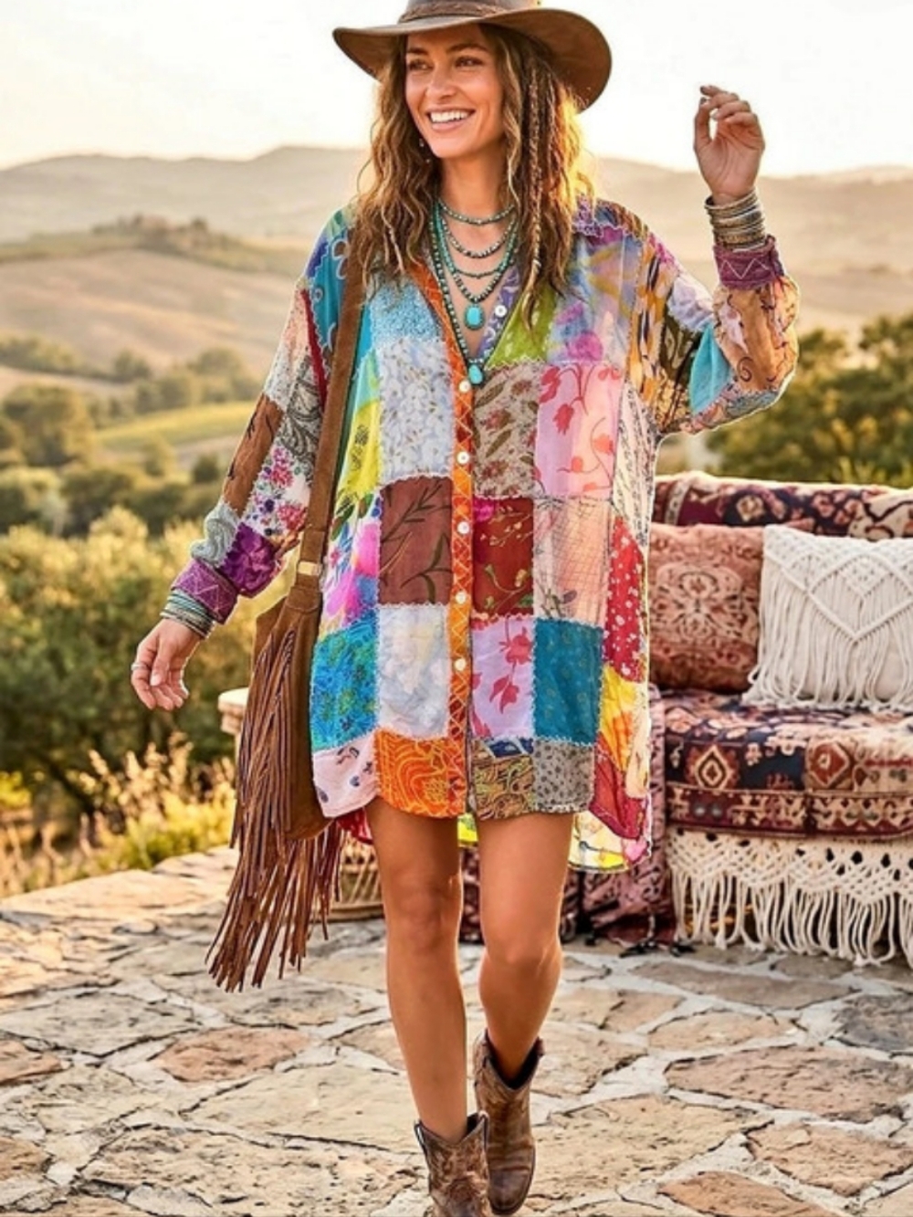 Vintage 1990s Sacred Threads Boho Button Down Shirt Tunic